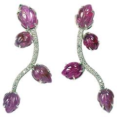Engraved Rubies Leaves, White Diamonds Earrings Created by Marion Jeantet