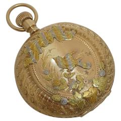 Antique  Gold Bird Motif Multi Color Ladies Pocket Watch