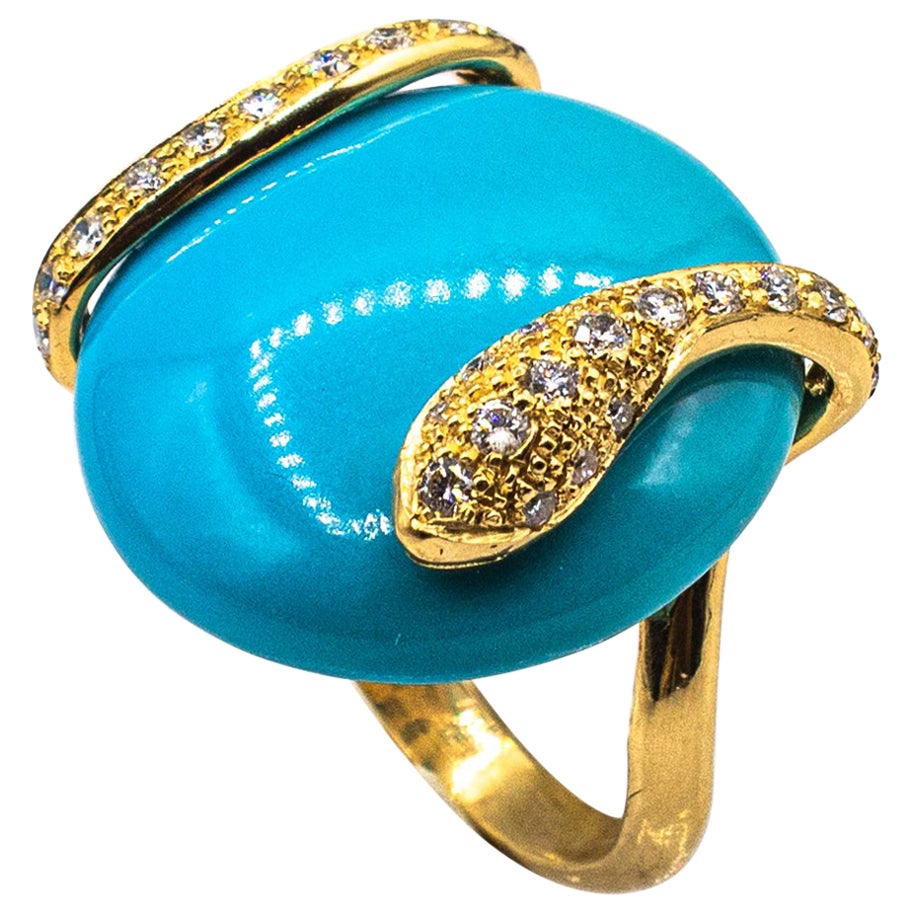 Art Nouveau Style White Diamond Turquoise Yellow Gold Cocktail "Snake" Ring For Sale