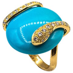 Art Nouveau Style White Diamond Turquoise Yellow Gold Cocktail "Snake" Ring