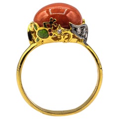 Vintage Art Nouveau Style White Diamond Enamel Red Coral Yellow Gold Cocktail Ring