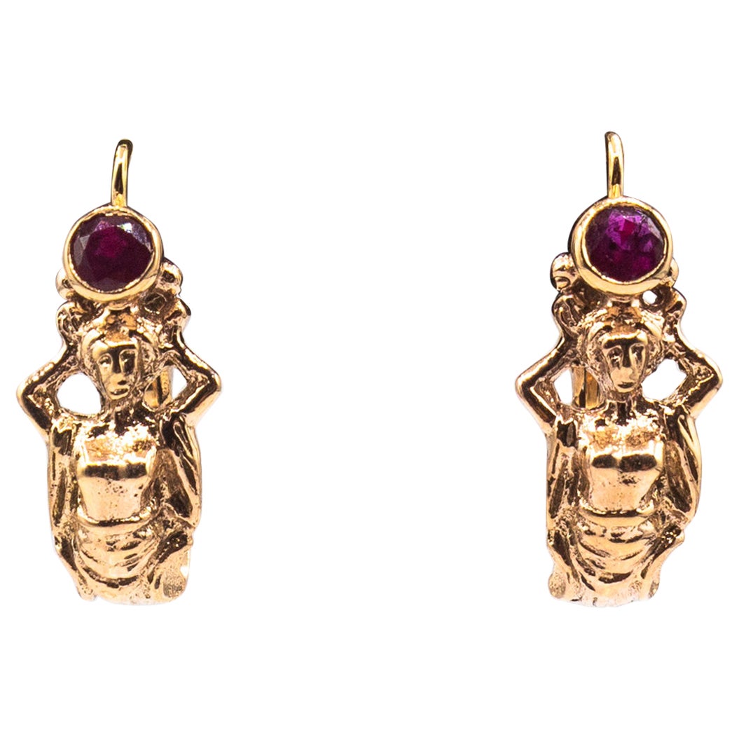 Art Nouveau Style Handcrafted Ruby Yellow Gold Lever-Back Dangle Earrings For Sale