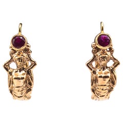 Art Nouveau Style Handcrafted Ruby Yellow Gold Lever-Back Dangle Earrings
