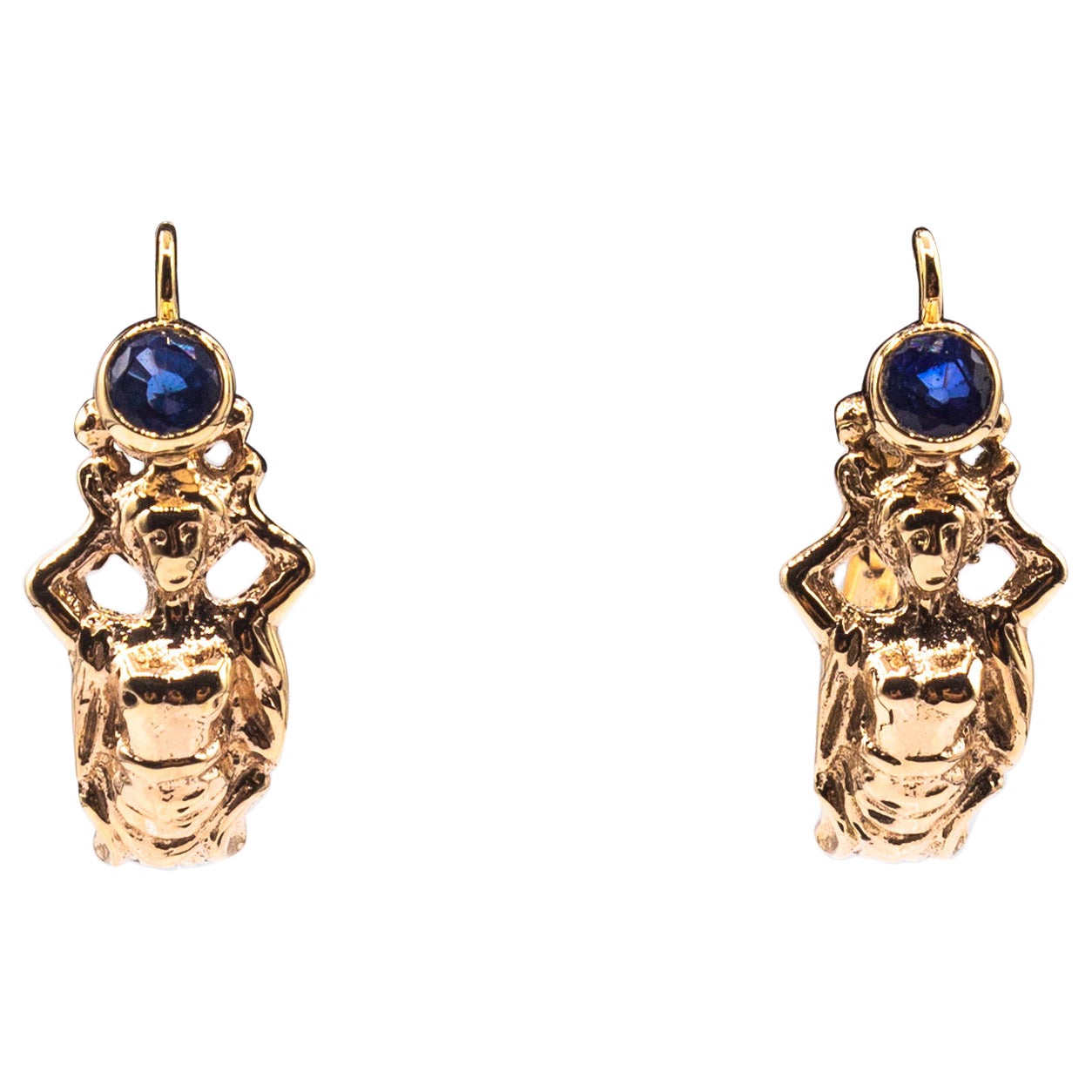 Art Nouveau Style Handcrafted Blue Sapphire Yellow Gold Lever-Back Earrings For Sale