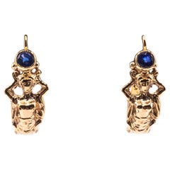 Retro Art Nouveau Style Handcrafted Blue Sapphire Yellow Gold Lever-Back Earrings