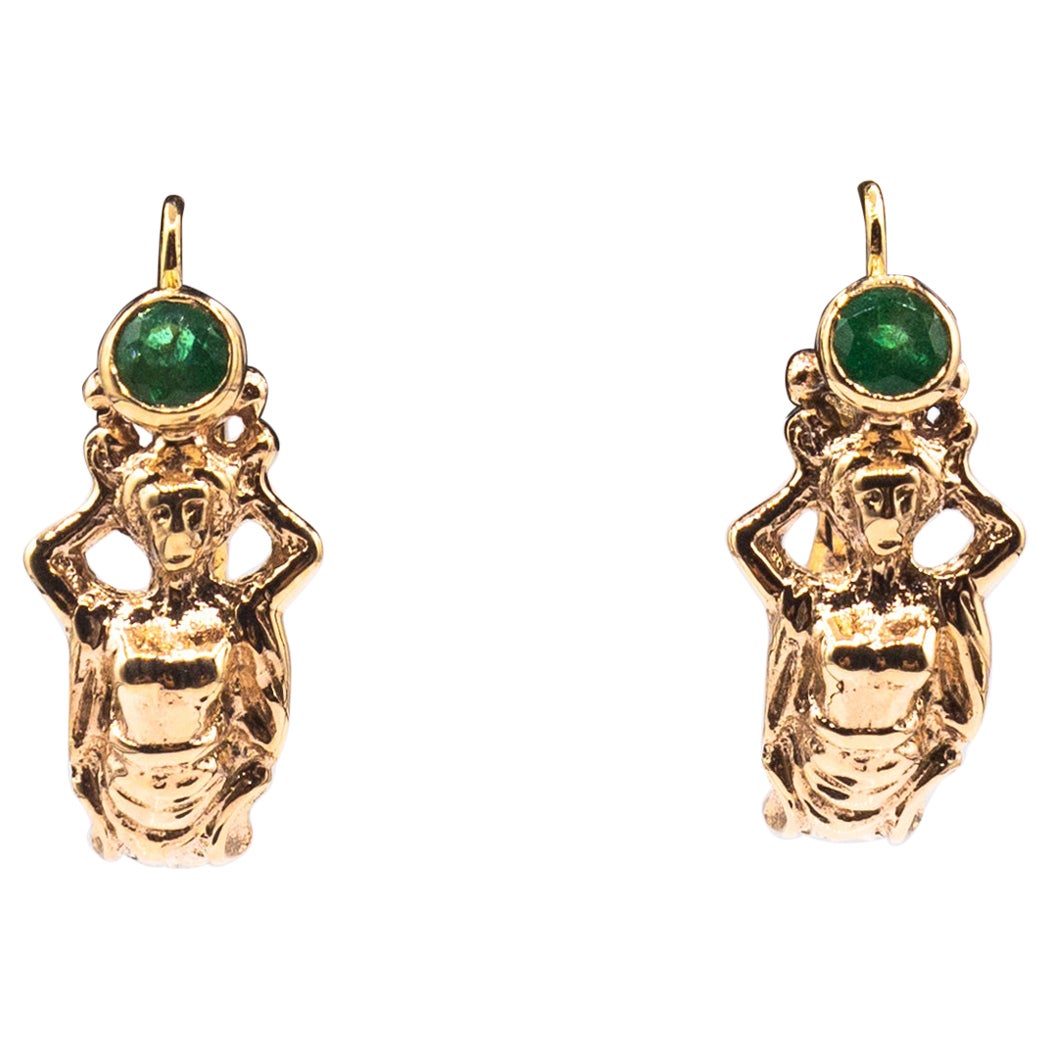 Art Nouveau Style Handcrafted Emerald Yellow Gold Lever-Back Dangle Earrings For Sale