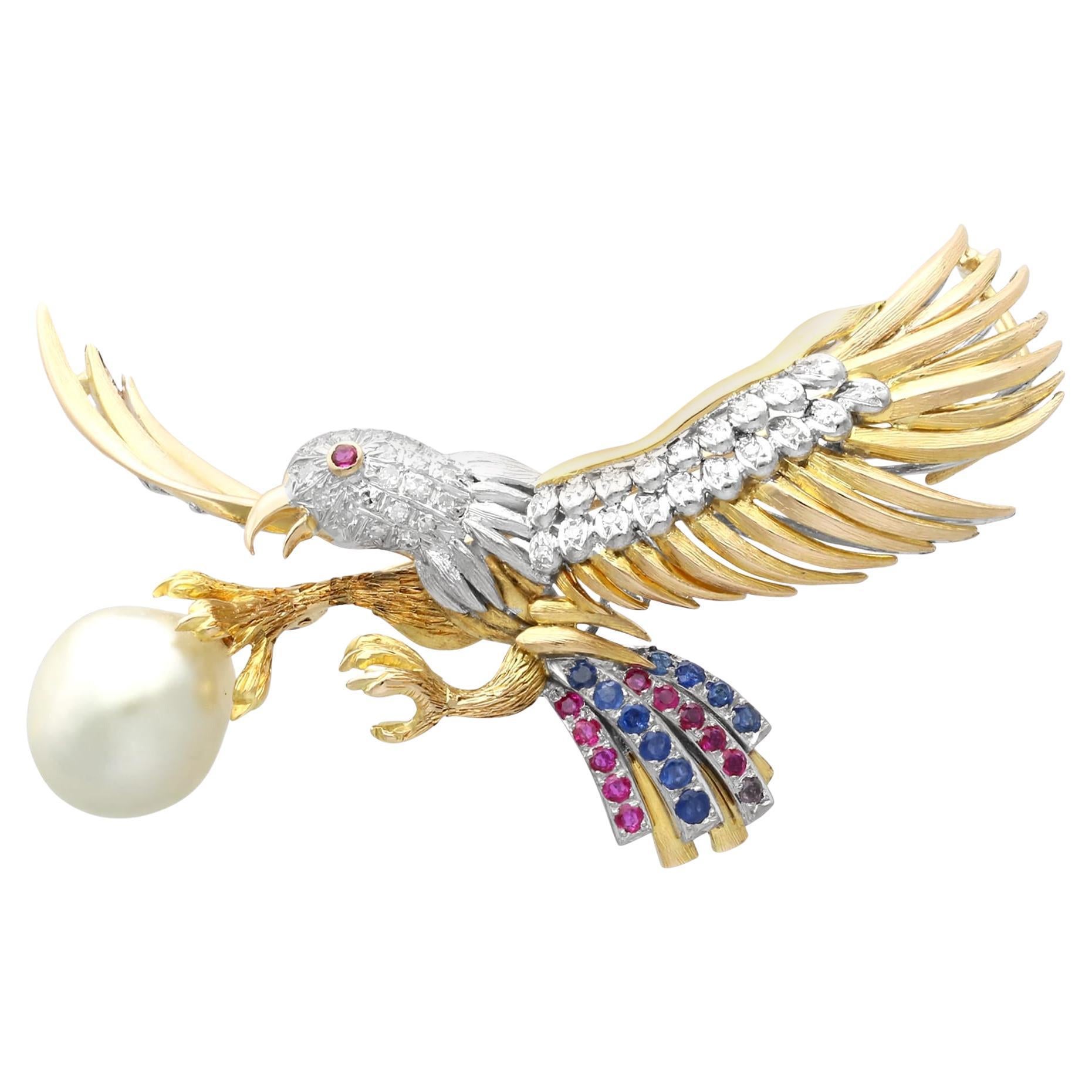 1950s Blister Pearl Sapphire Ruby Diamond Yellow Gold Eagle Brooch