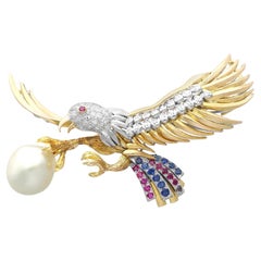 1950s Blister Pearl Sapphire Ruby Diamond Yellow Gold Eagle Brooch