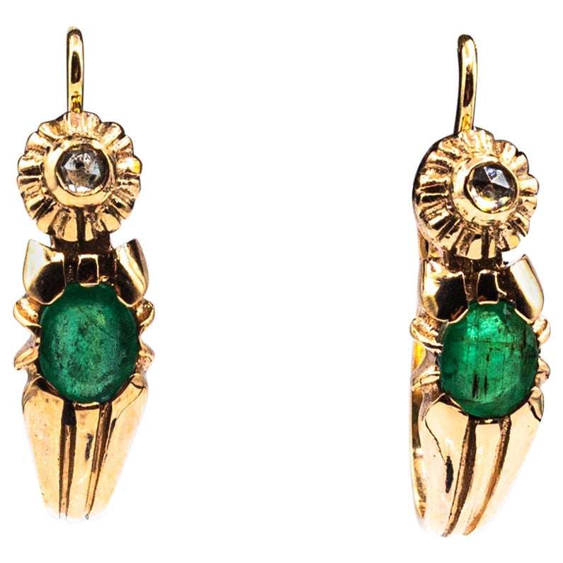 Art Deco Style White Rose Cut Diamond Oval Cut Emerald Yellow Gold Earrings For Sale