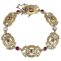 Vintage Victorian 18 Karat Gold 0.38 Carat Ruby 0.55 Carat Spinel Pearl Link Bracelet