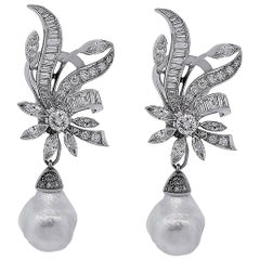 4.0 Carat Diamond and Pearl Dangle Earrings Platinum in Stock