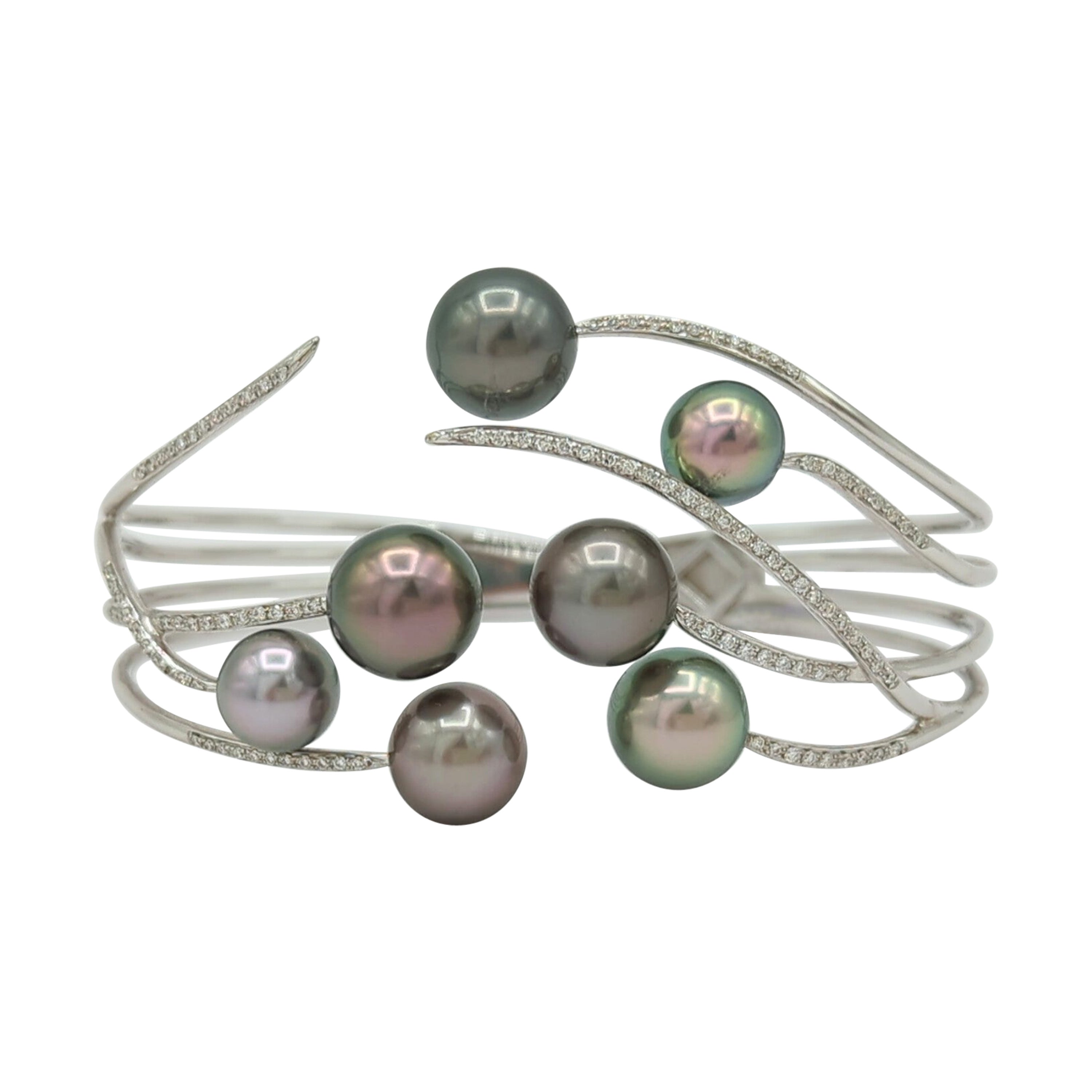 Tahitian Pearl Bangle Cuff in 18K White Gold For Sale