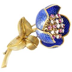 French Enamel Ruby Diamond Gold Flower Brooch