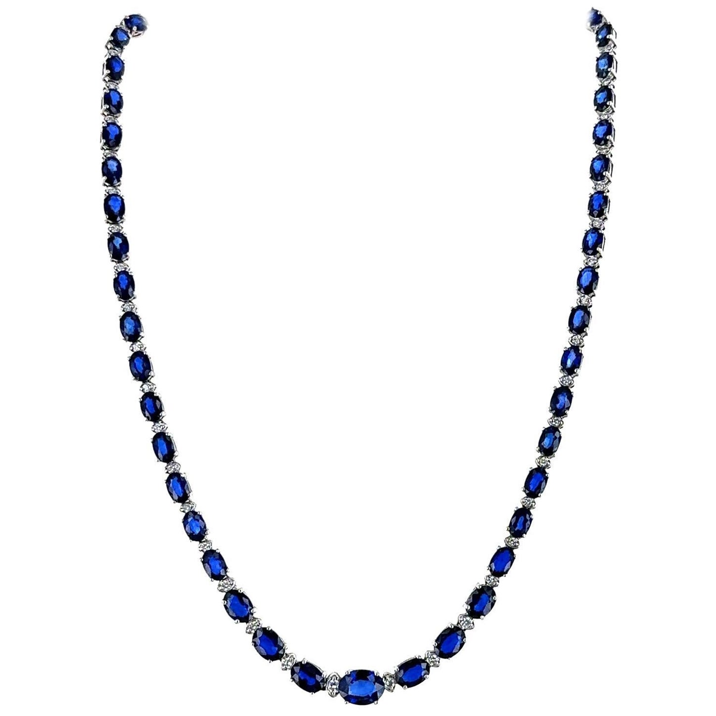 Modern Diamond & Sapphire 14 Karat White Gold Link Necklace