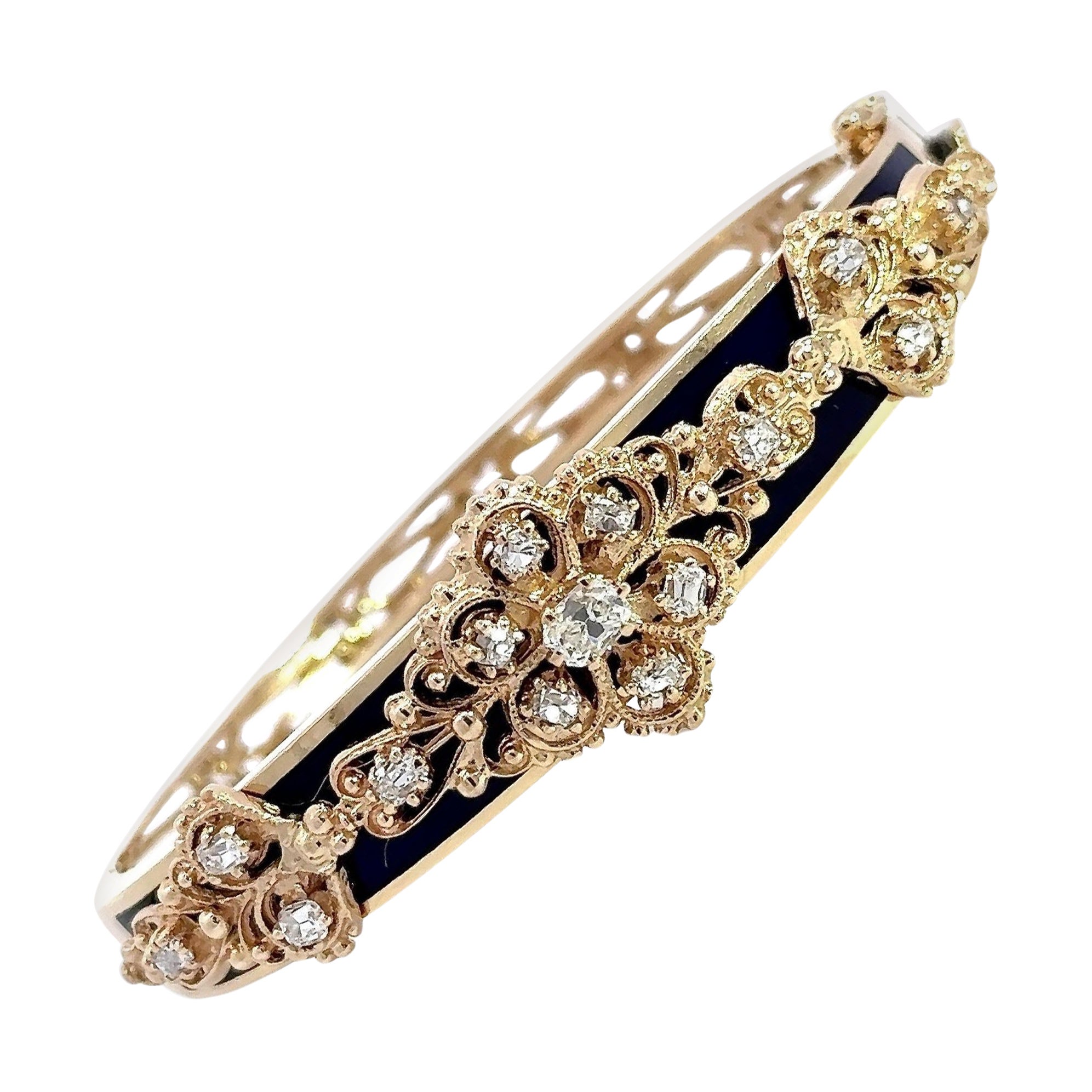Vintage Jack Gutschneider 14KT Gold Diamond and Black Enamel Bangle Bracelet For Sale