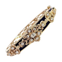 Vintage Jack Gutschneider 14KT Gold Diamond and Black Enamel Bangle Bracelet