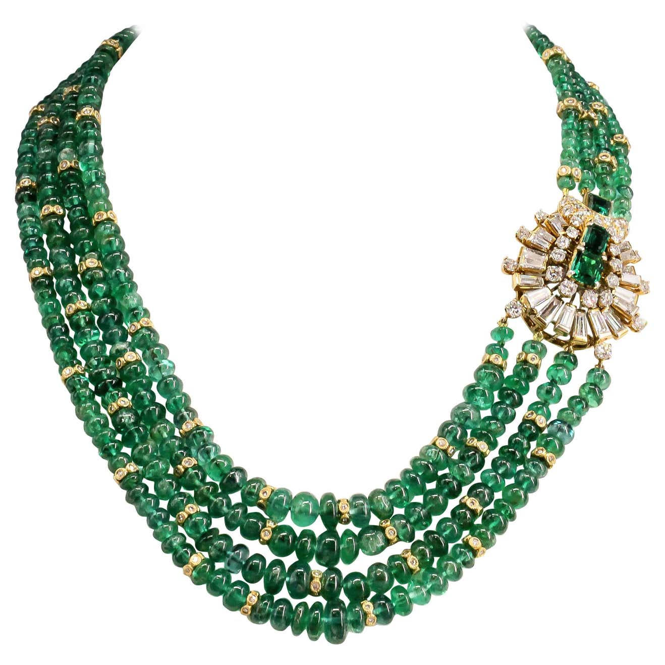 Elegant Emerald Diamond Gold Beaded Necklace at 1stDibs