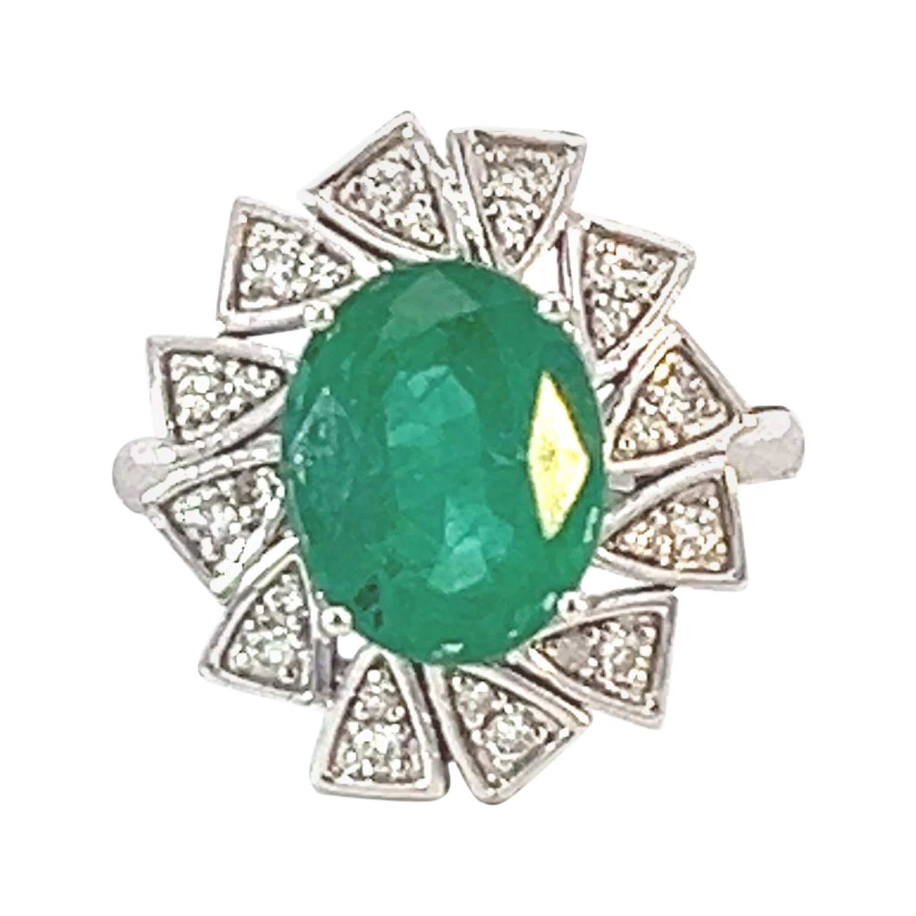 14k Deco 3.42 Carat Emerald .22 Carat Diamond Engagement Statement Cocktail Ring