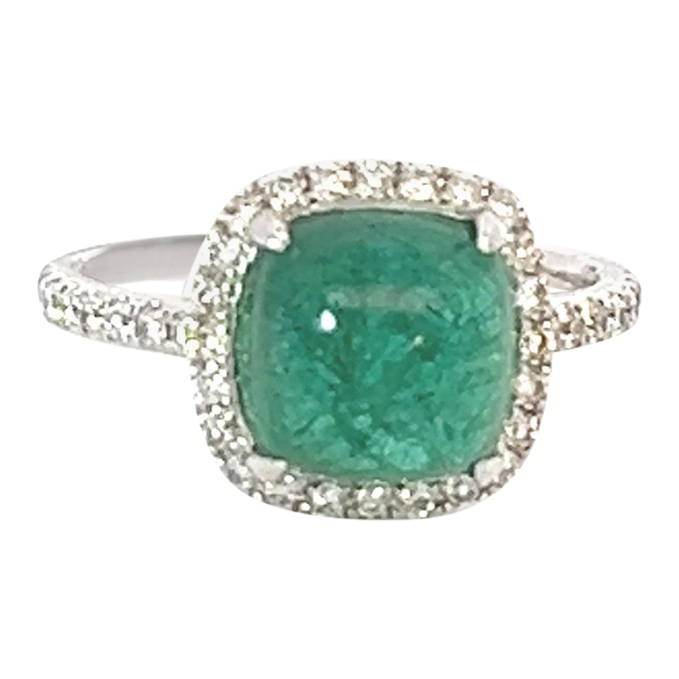 14k Gold Classic 3.85 Crt Cab Deep Green Emerald .4 Crt Diamond Cocktail Ring For Sale