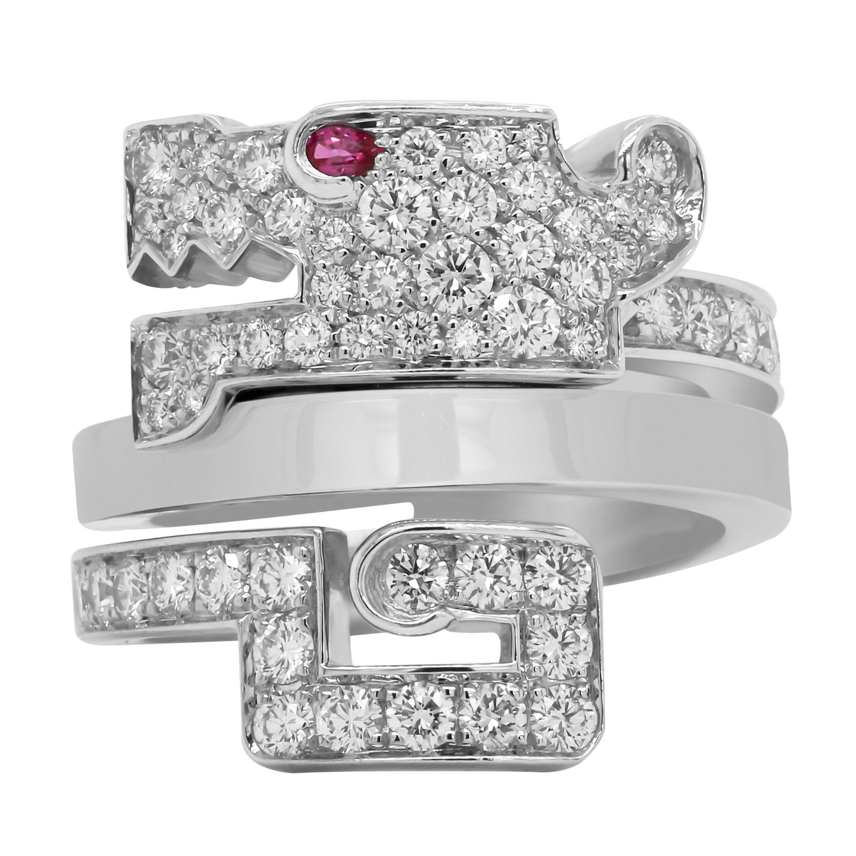 Cartier Baiser Du Dragon Diamond Ruby 18K White Gold Ring For Sale