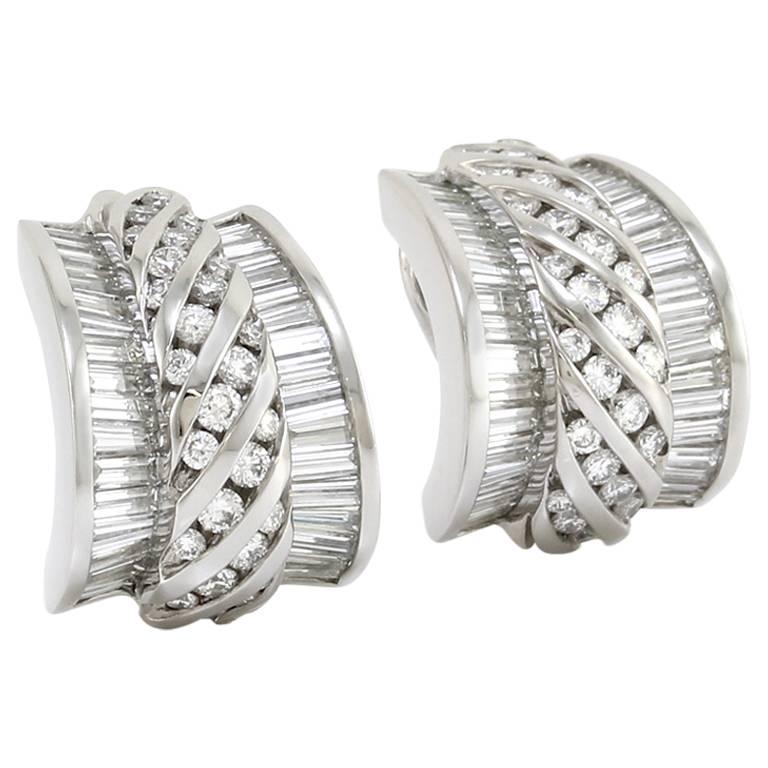 Charles Krypell Diamond and Platinum Semi-Hoop Earrings For Sale