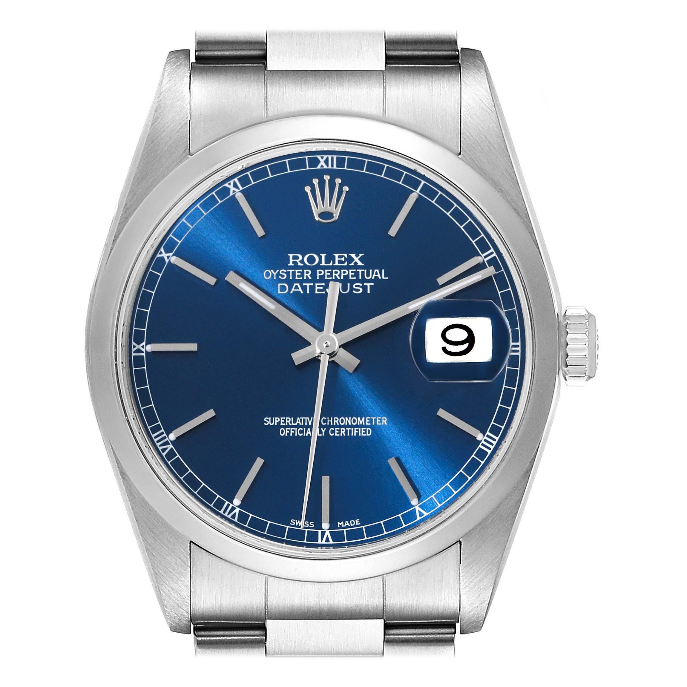 Rolex Datejust Blue Roman Dial Smooth Bezel Steel Mens Watch 16200 at ...