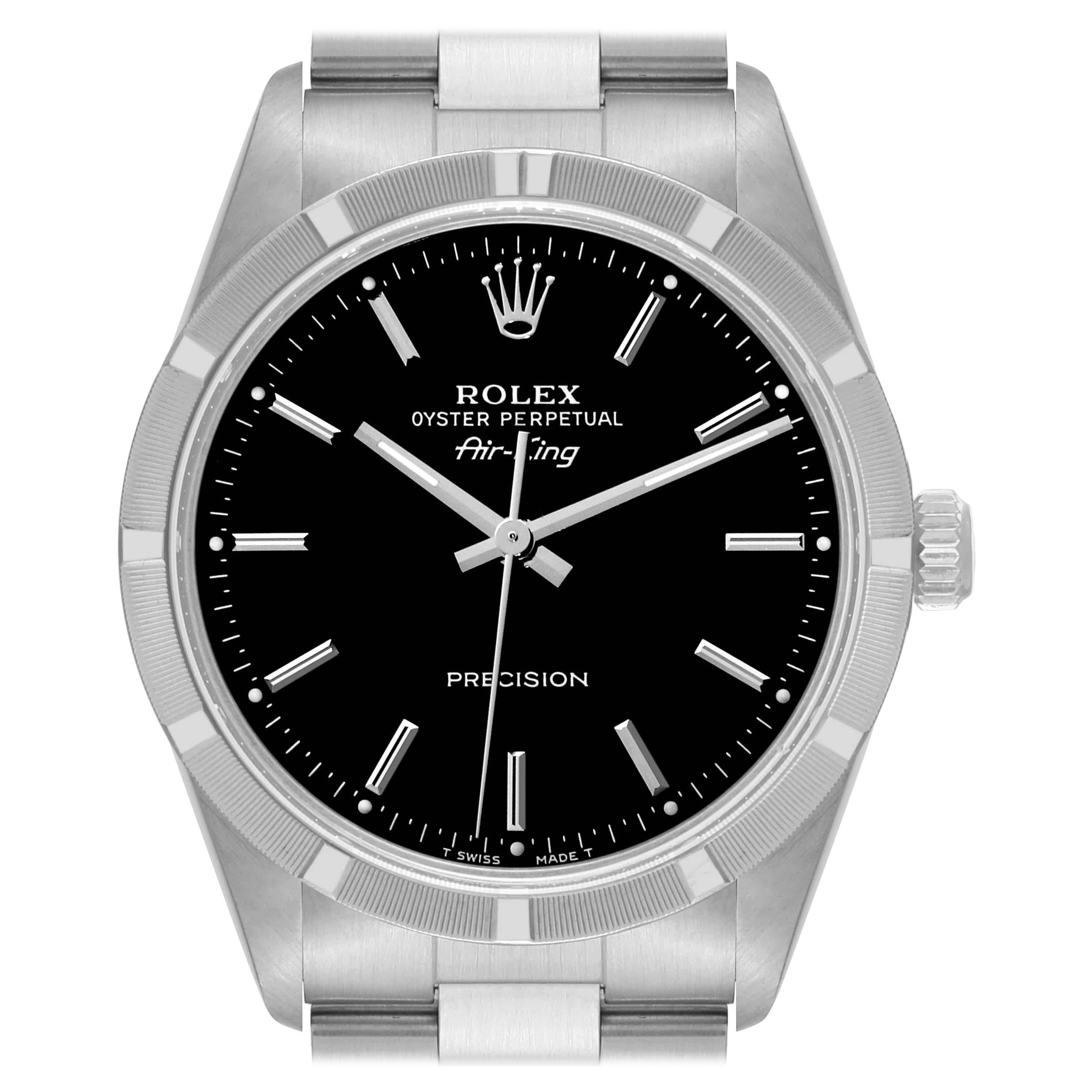 Rolex Air King Engine Turned Bezel Black Dial Steel Mens Watch 14010 For Sale