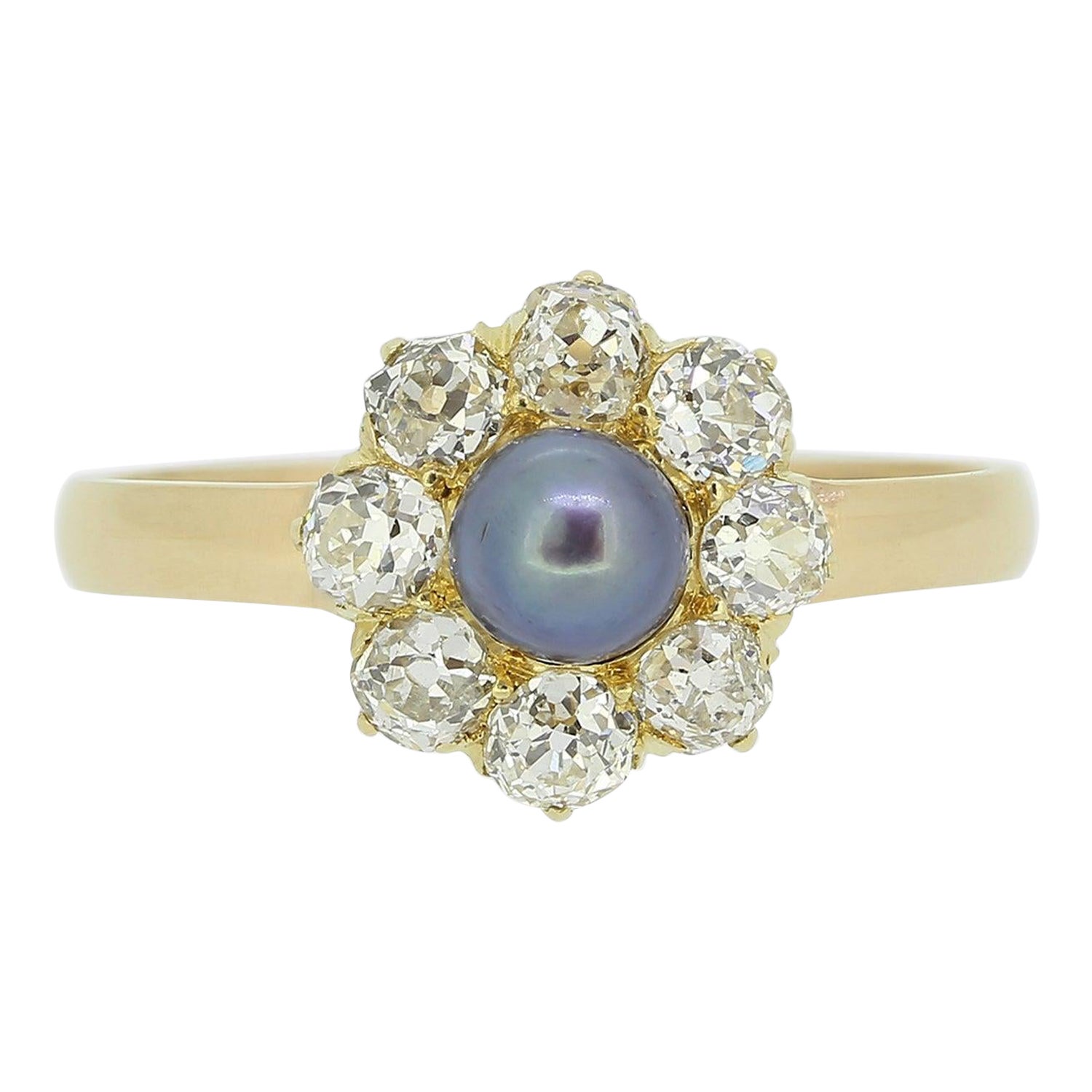 Vintage Cluster-Ring mit schwarzer Perle und Diamant im Angebot