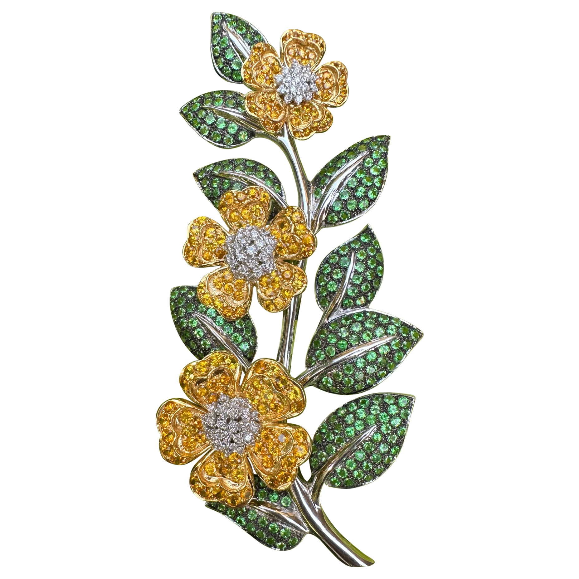 Large 23 Carat Vining Flowers Yellow Sapphire, Diamond and Tsavorite 18K Brooch