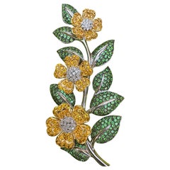 Vintage Large 23 Carat Vining Flowers Yellow Sapphire, Diamond and Tsavorite 18K Brooch