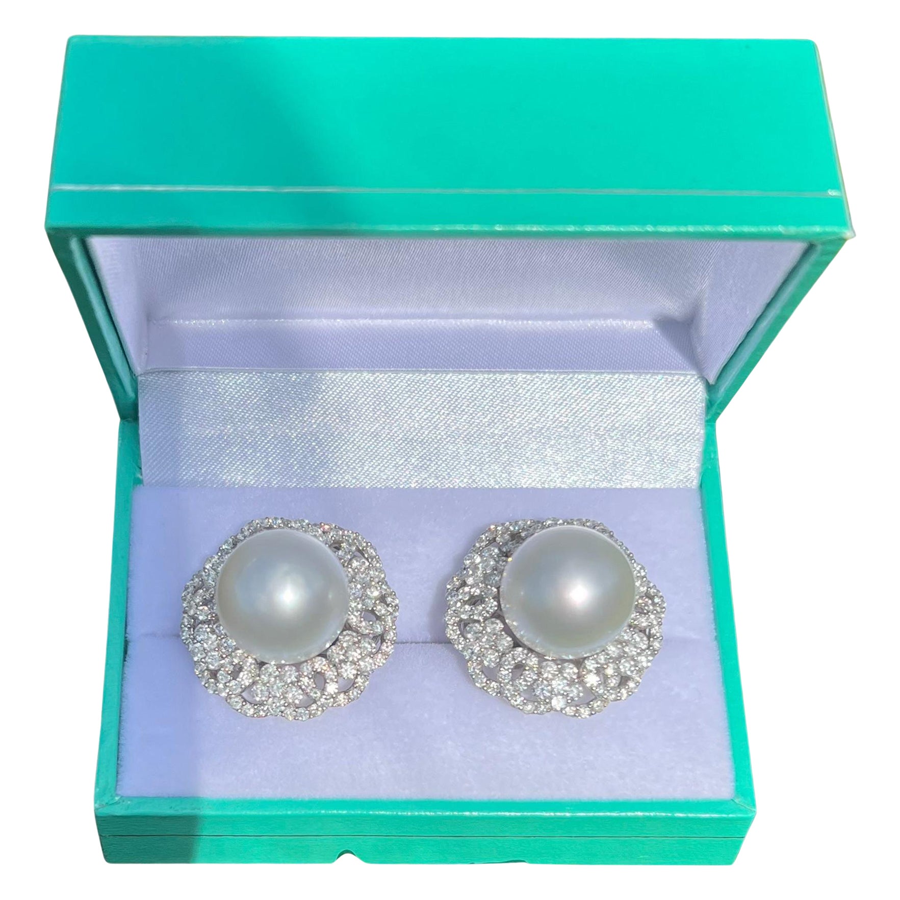 Pair of Large 14.35 MM South Sea Pearl and Diamond 18 Karat White Gold Earrings For Sale