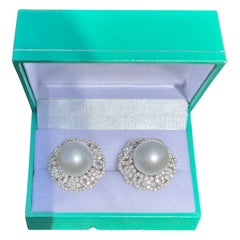 Pair of Large 14.35 MM South Sea Pearl and Diamond 18 Karat White Gold Earrings