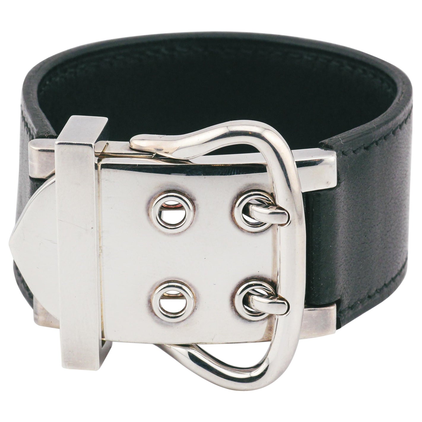 Hermes Black Leather and Sterling Silver Buckle Bracelet For Sale