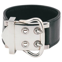 Hermes Black Leather and Sterling Silver Buckle Bracelet