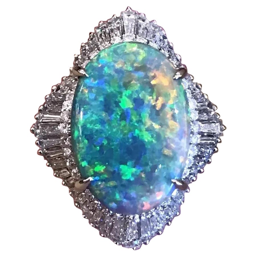 7.71 Carat Certified Black Opal and Diamond Ring in Platinum For Sale