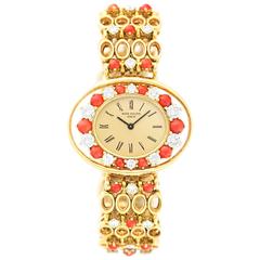 Lady's Patek Philippe Yellow Gold Coral Diamond Bracelet Watch
