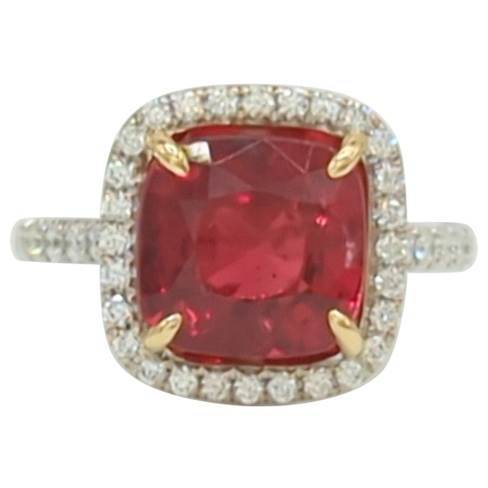 EG Lab Vivid Red Spinel Cushion and White Diamond Ring in 18K 2 Tone Gold