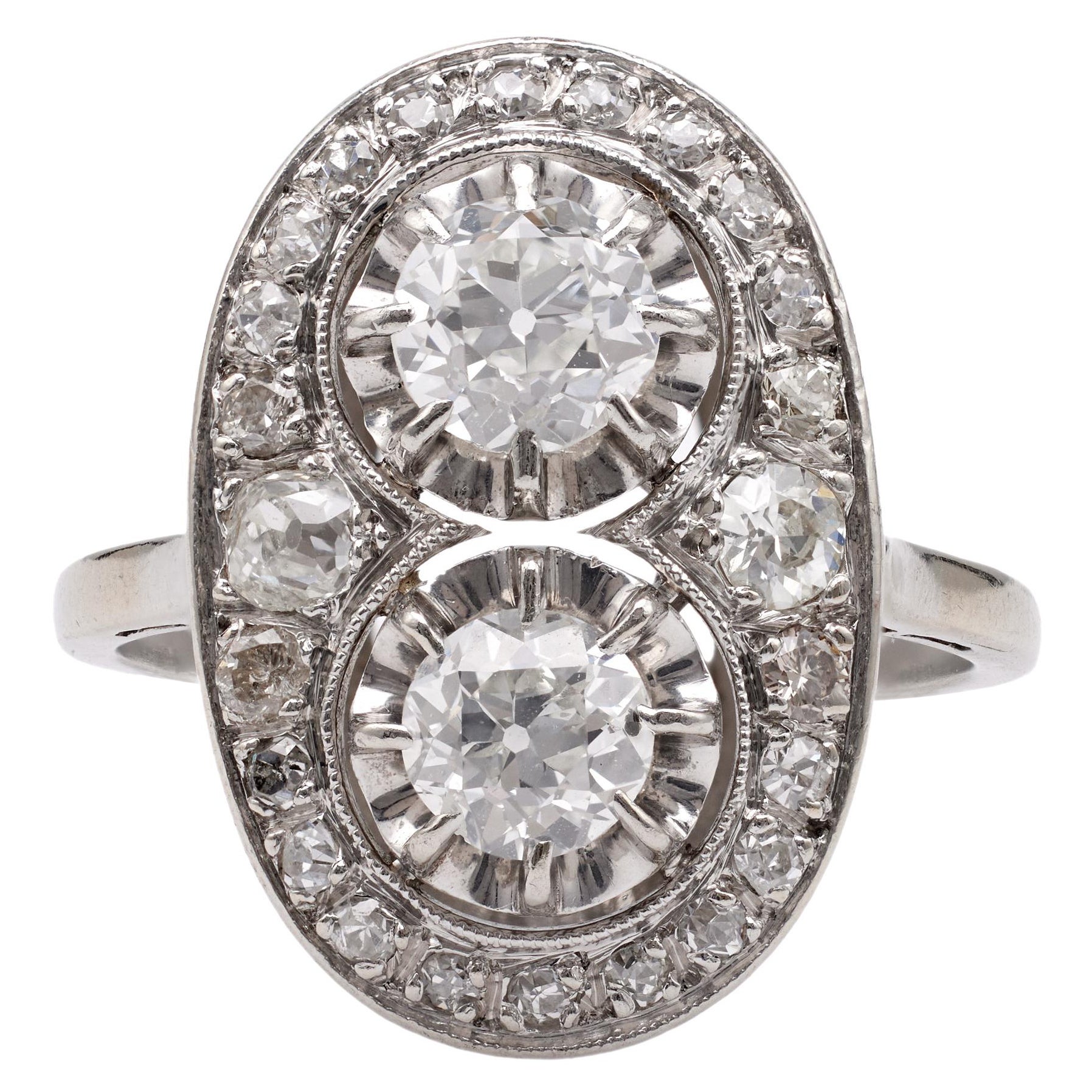 Art Deco French Diamond Platinum Toi et Moi Ring