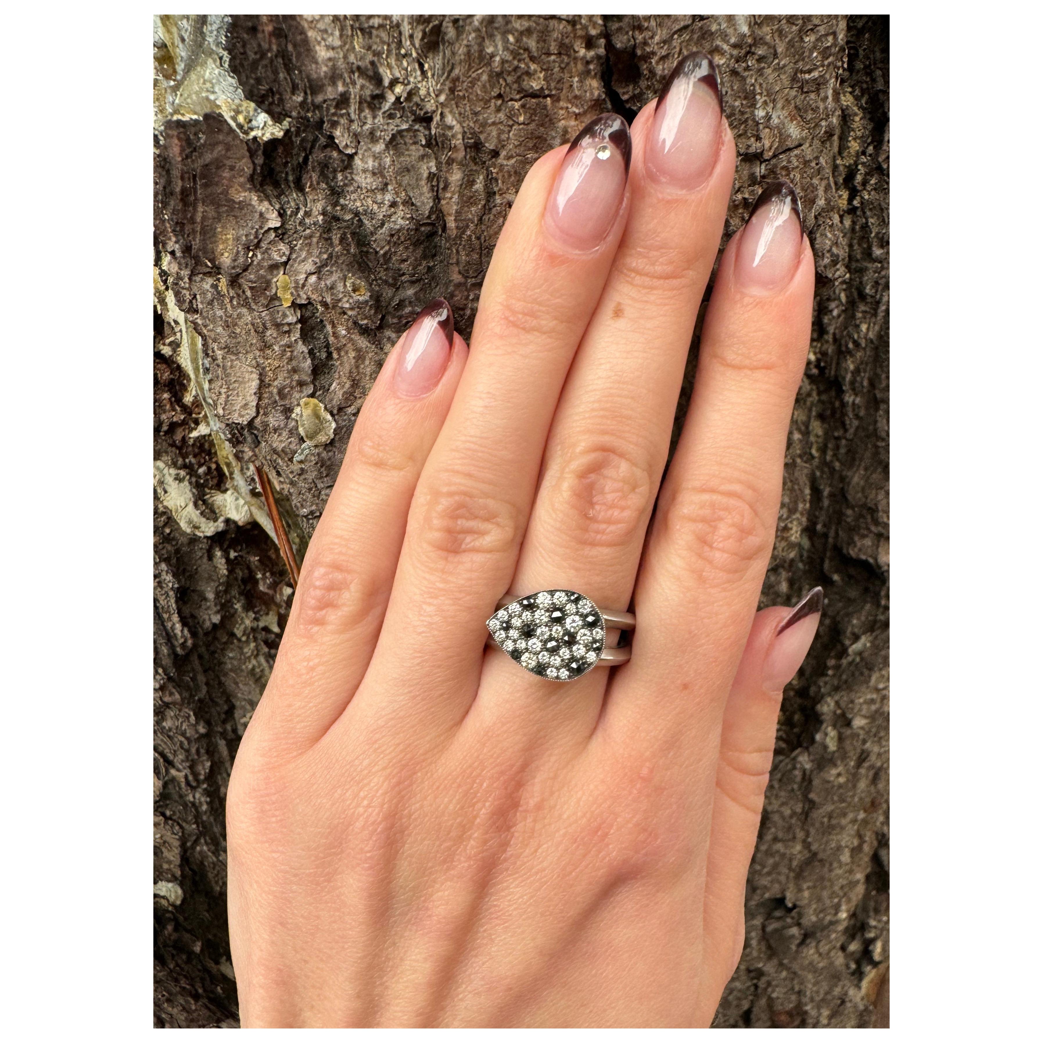 Sylva & Cie. Platinite Black Rose Cut and White Diamond Ring, Size 7 For Sale