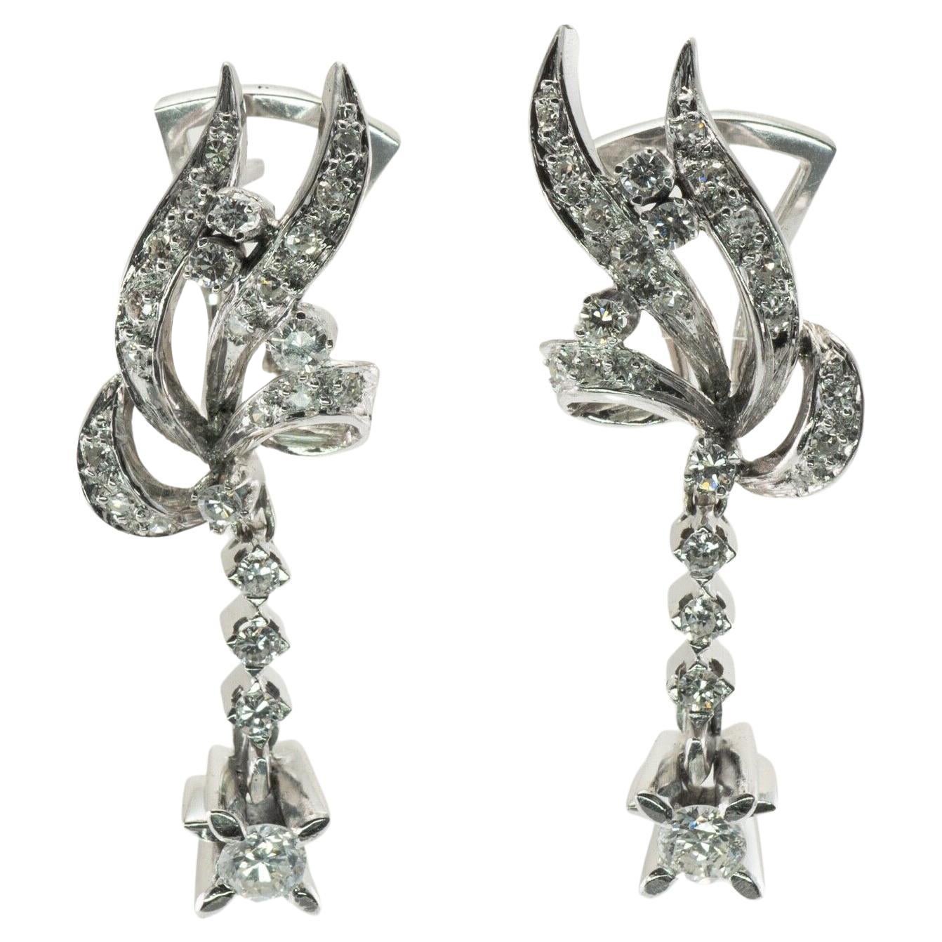 Diamonds Earrings 18K White Gold Floral Dangle 1.68 TDW Vintage For Sale
