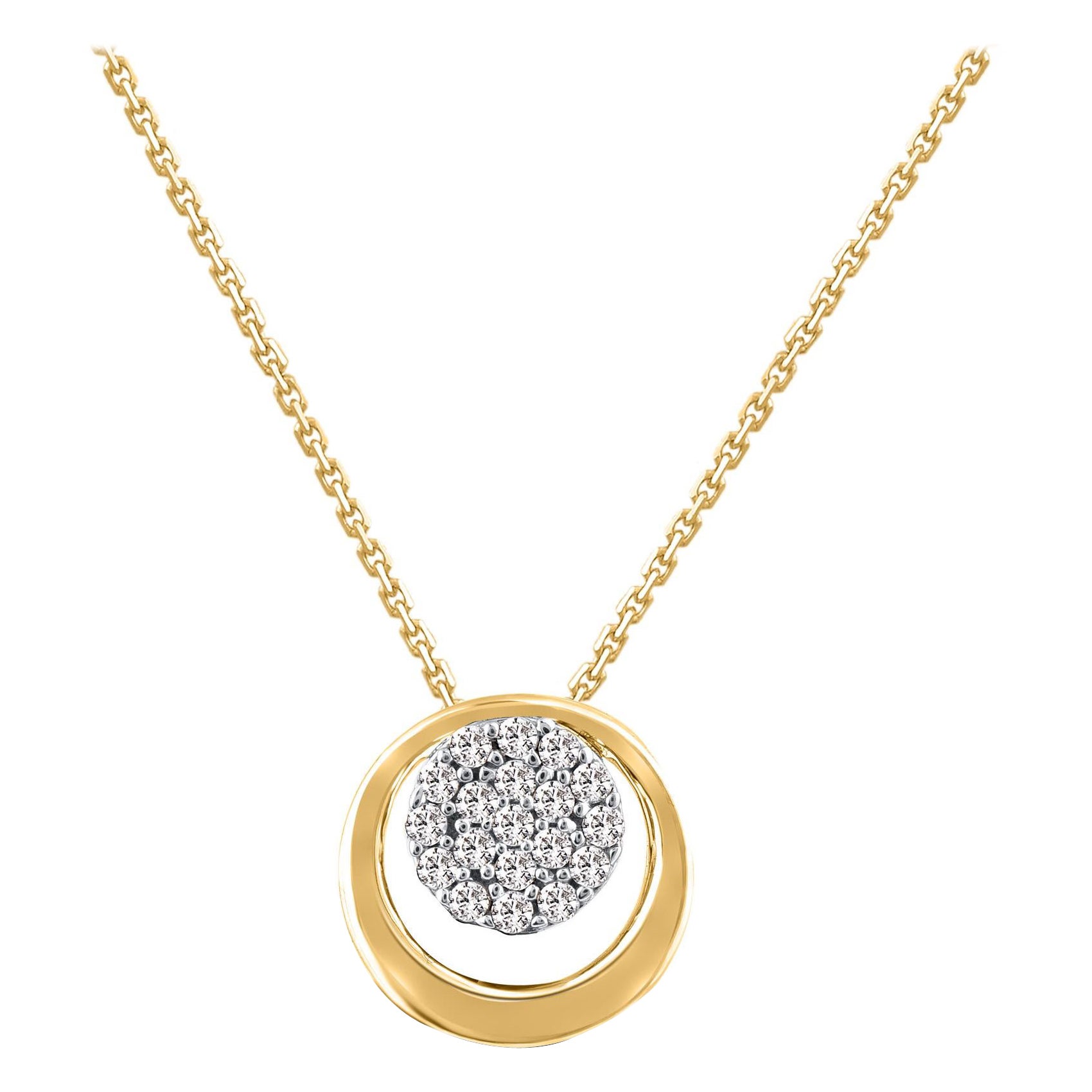TJD Collier à pendentif circulaire en or jaune 14KT avec diamant taille brillant de 0,15 carat