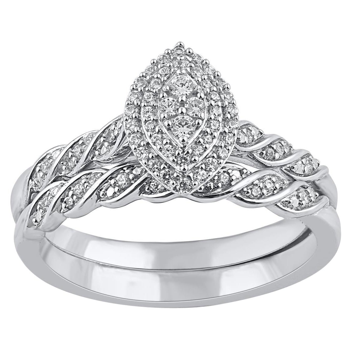 TJD 0.25 Carat Natural Round Diamond White Gold Marquise Shape Bridal Ring Set