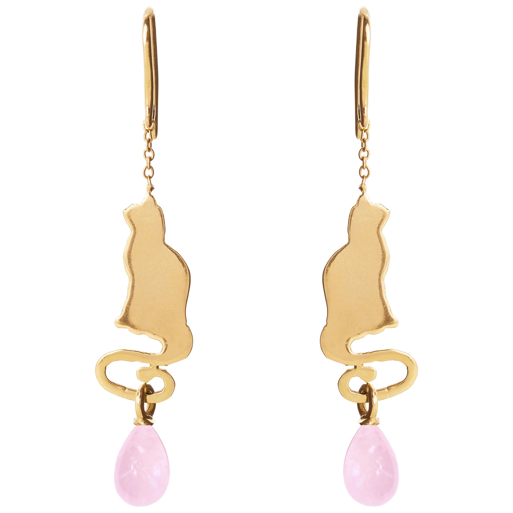 Rossella Ugolini 18k Yellow Gold Cat Earrings with Rose Quartz Drops