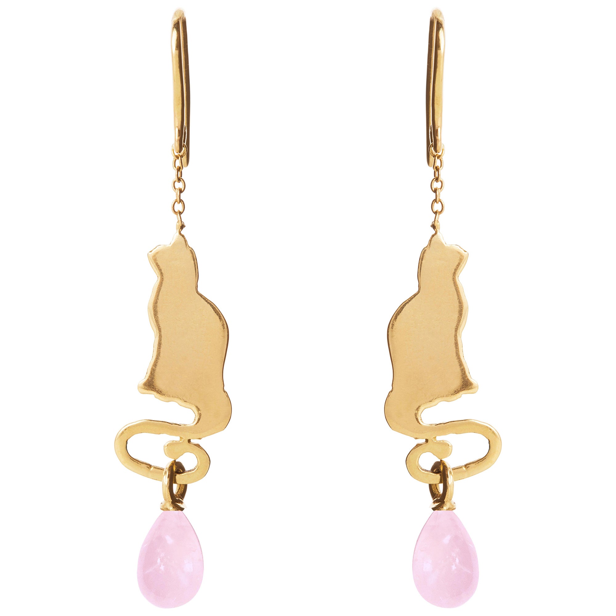 Rossella Ugolini 18K Yellow Gold Cat Earrings with Rose Quartz Drops