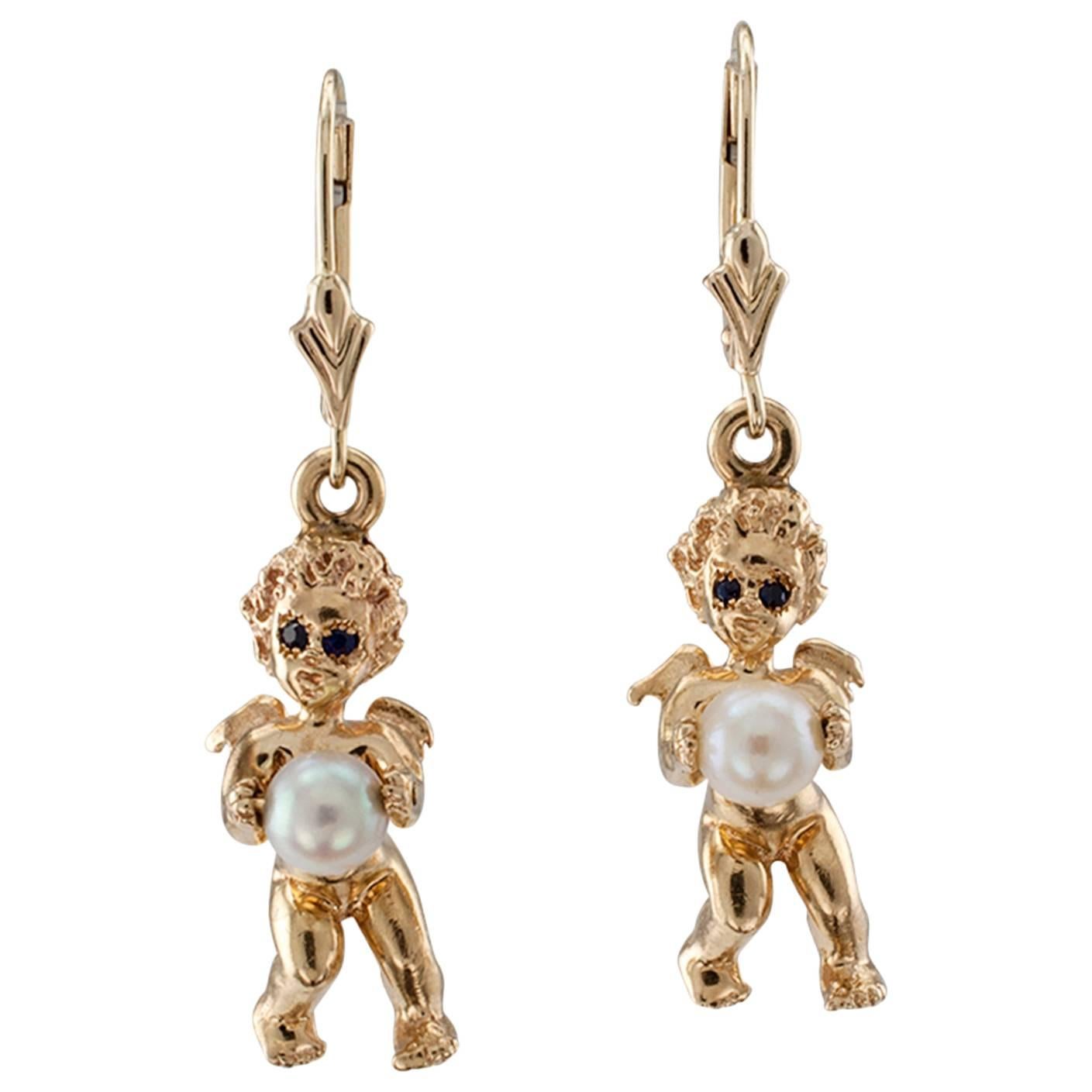 Gold and Cultured Pearl Cherub Earrings Attributed to Ruser