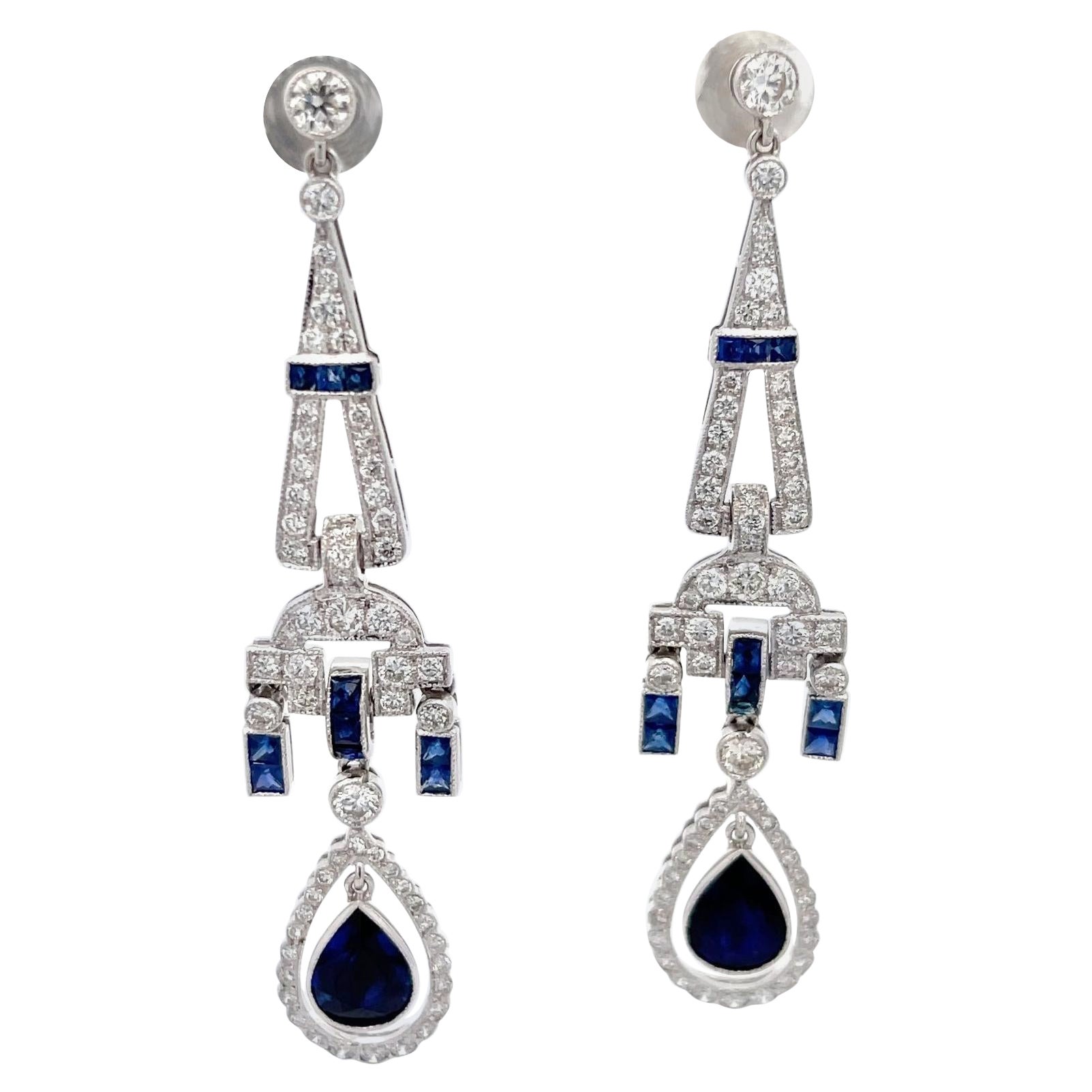 Art Deco Style Sapphire & Diamond Dangle Earrings 18K White Gold