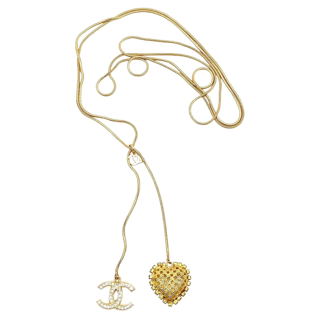 Chanel Vintage Gold Plated CC Crystal Heart Lariat Long Necklace  