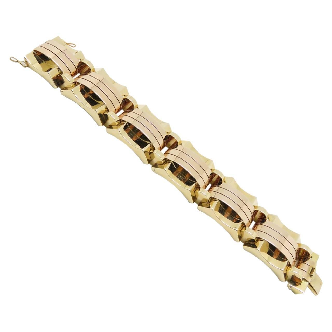 1940s French Retro Yellow And Rose Gold "Tank" Bracelet. For Sale