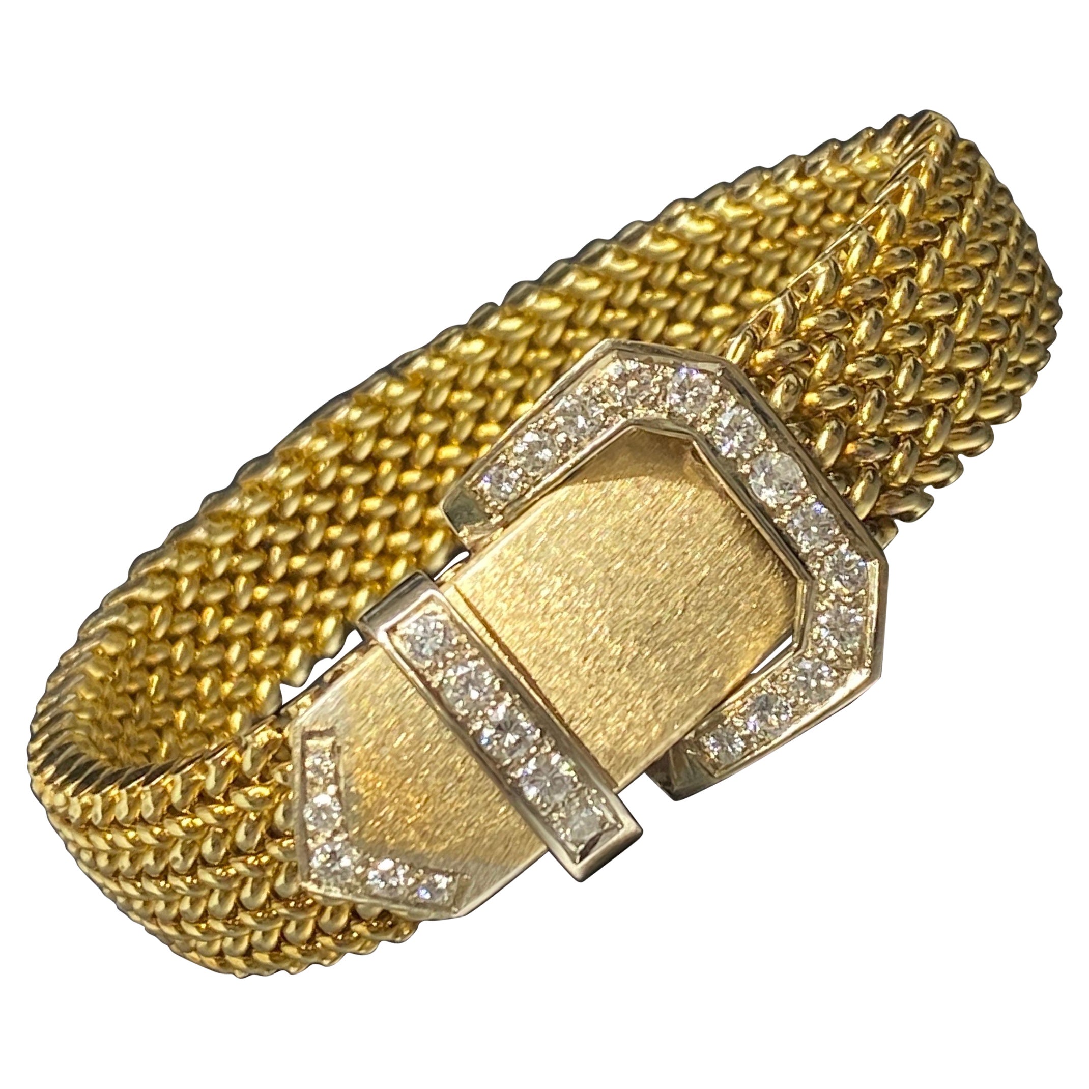 Vintage 14k Yellow Gold Woven Mesh Link Diamond Buckle Bracelet