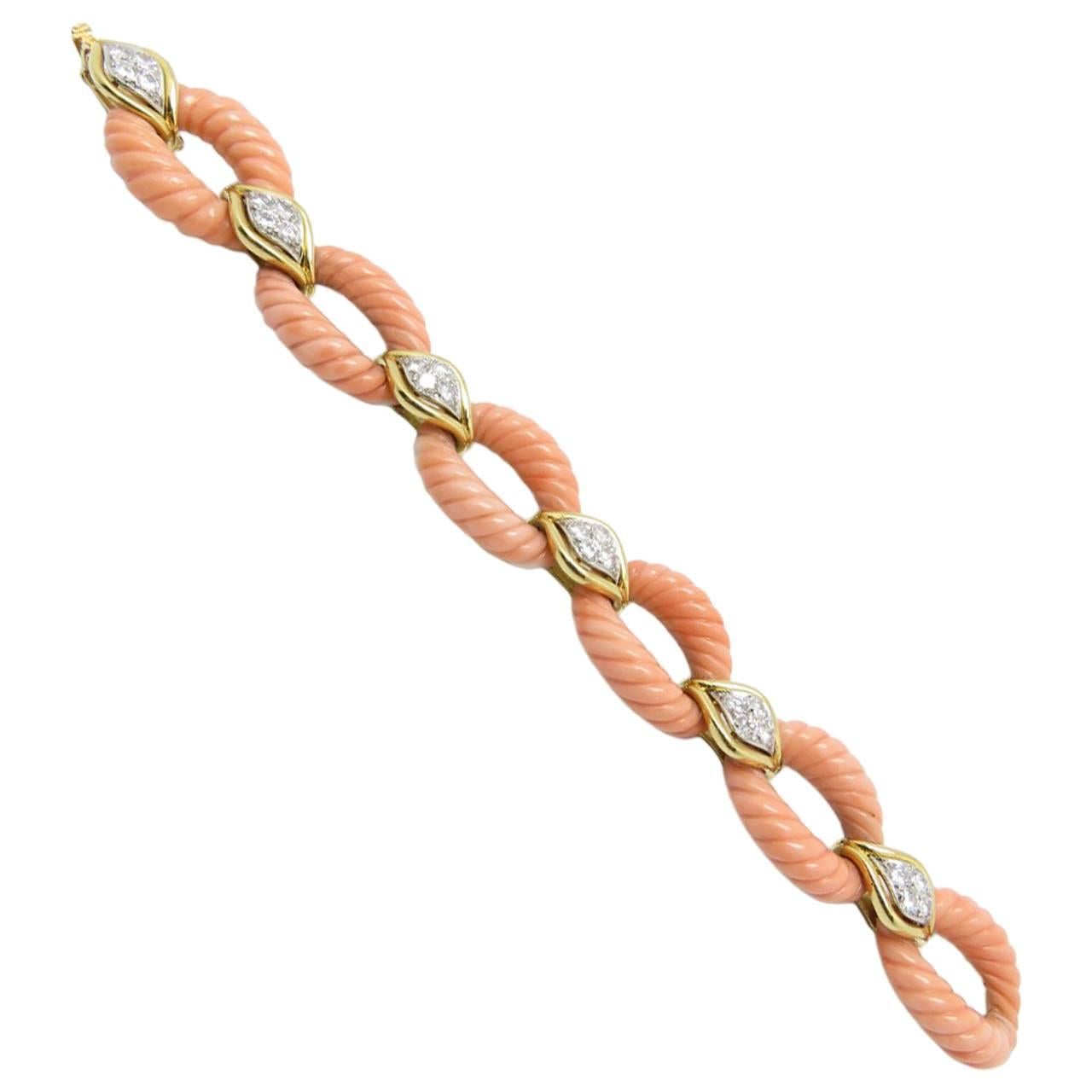 1970s O.J Perrin Paris Coral Diamond Yellow gold Bracelet. For Sale